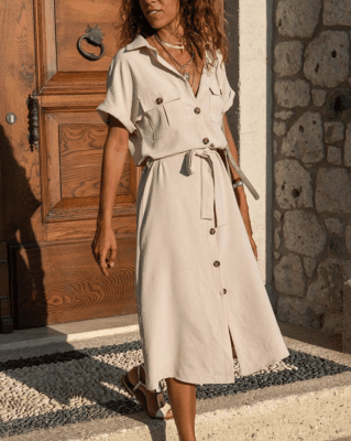 Female model wearing a vintage safari summer dress